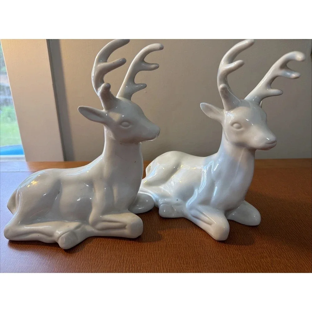Vintage Pair Of White Porcelain Christmas Deer Buck Laying Figurine 8.5